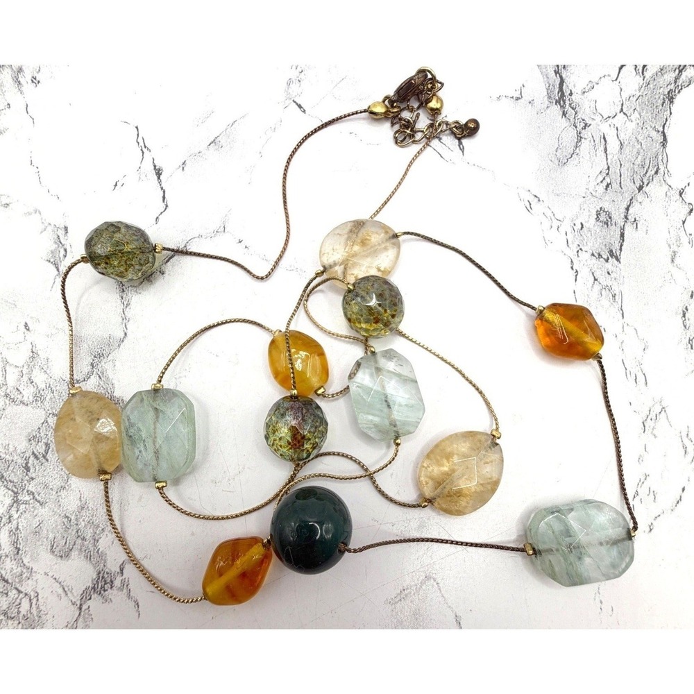 Long Gold Tone Glass Bead Necklace Speckled Aqua Peach Statement 36–38 Inch